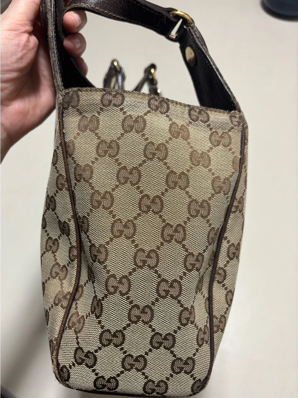 Gucci Beige/Brown Monogram Canvas Shoulder Bag with Dark Brown Trim
